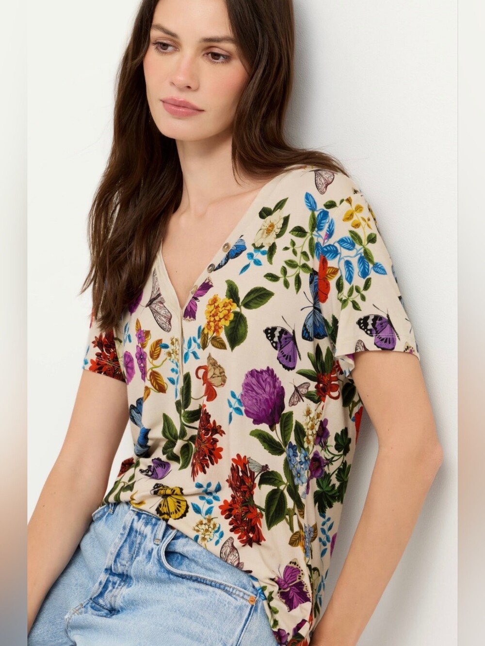 Johnny Was THE JANIE FAVORITE SHORT SLEEVE HENLEY TEE Size Small